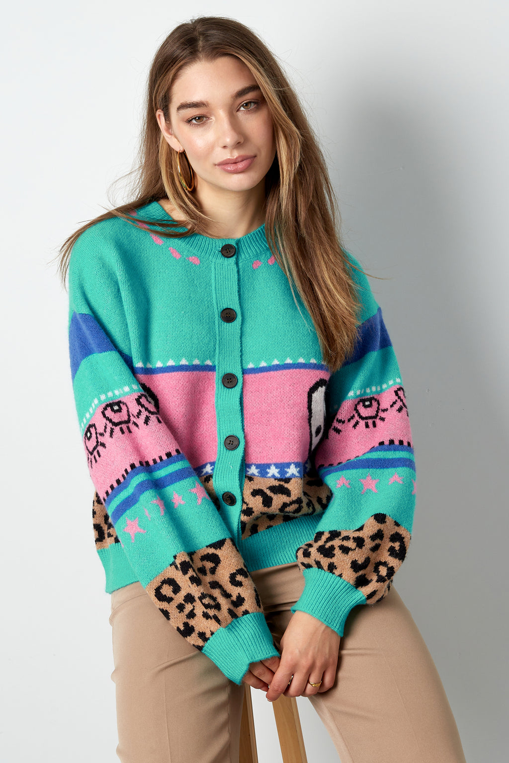 Gestrickter Wollmischung Damen Cardigan Oversized Musterdesign