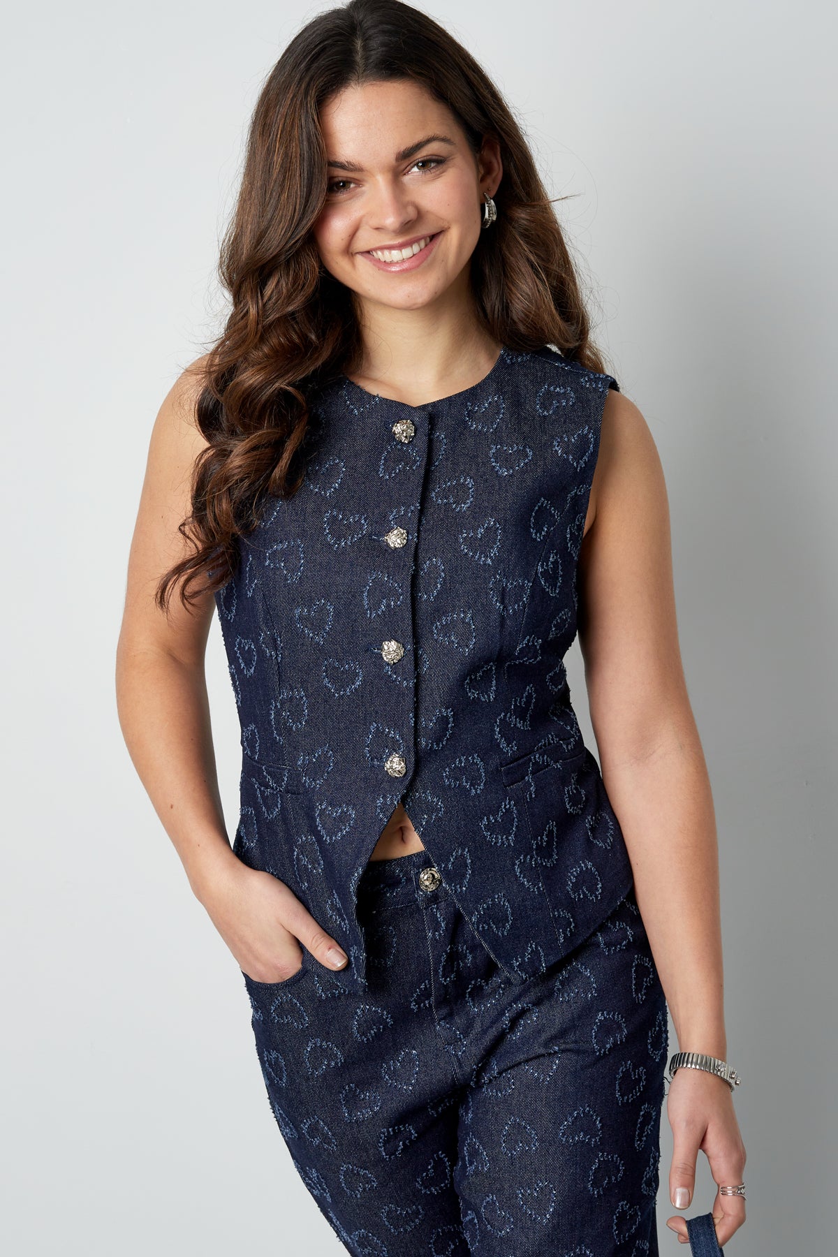 Baumwolle Damen Ärmelloses Oberteil Herz-Muster Knopfleiste